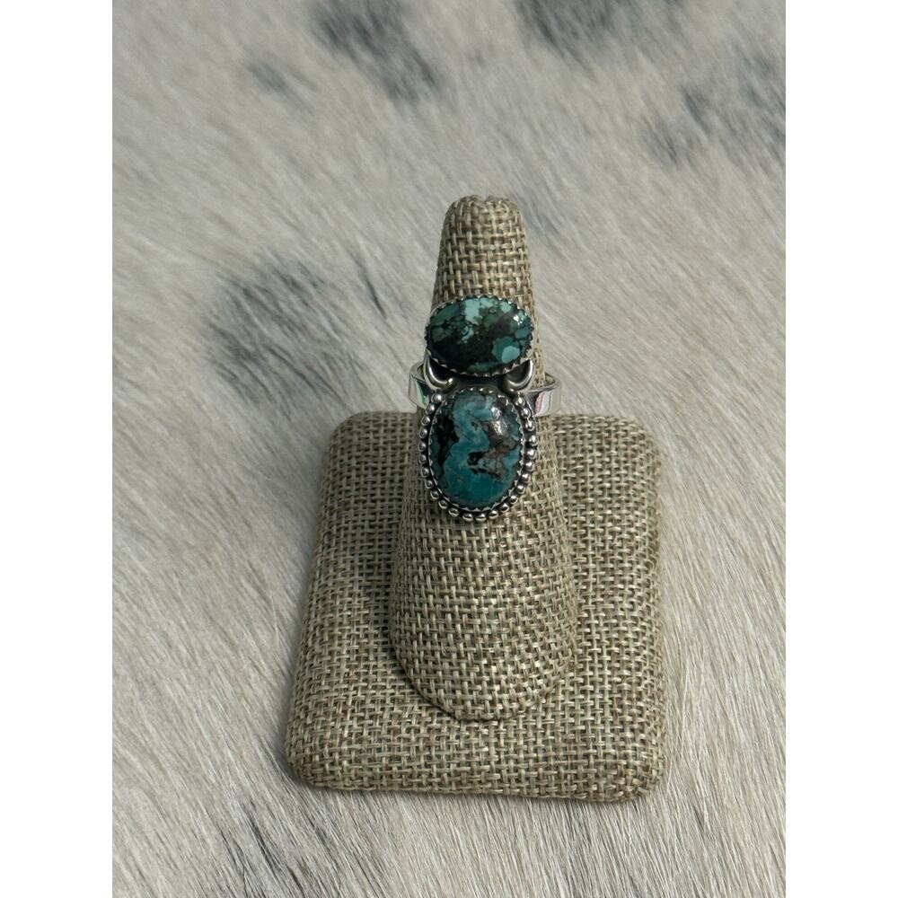 Sterling Silver Blue Hubei Turquoise Double Stone Adjustable Ring Sawtooth 925 - Picture 2 of 14